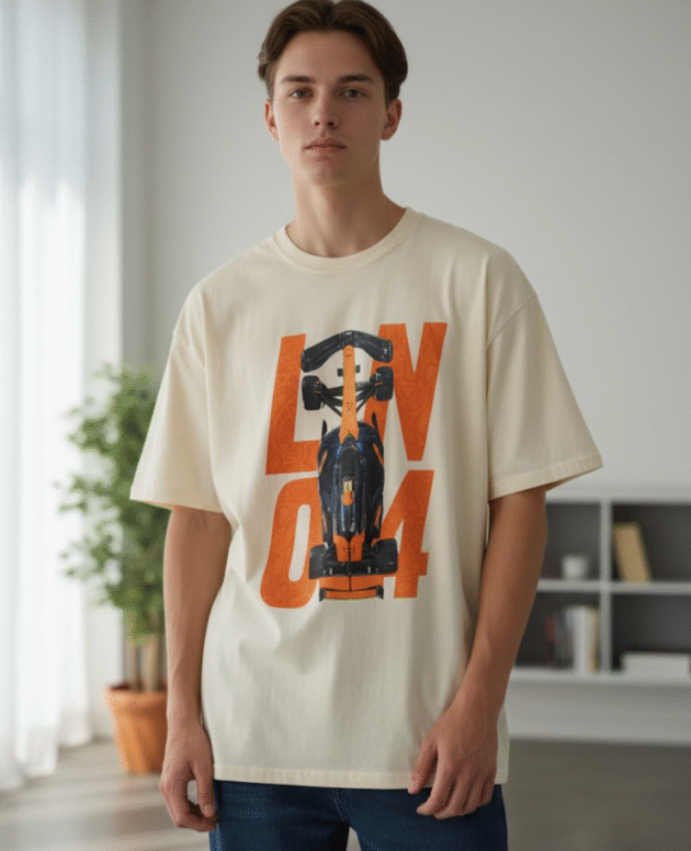 Remera Lando Norris McLaren, con su coche al frente y su número icónico. Disponible en blanco y arena, talles S a XXXL. Para fans de la velocidad y la F1.