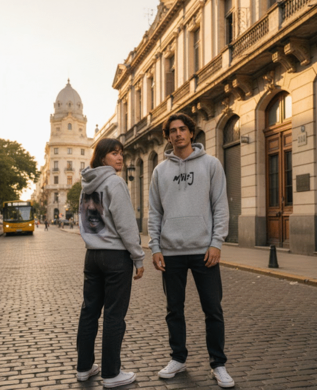 Canguro Milo J Disco en colores gris, negro y blanco, talles S a XXXL. Cómodo, urbano y perfecto para fans de la música.